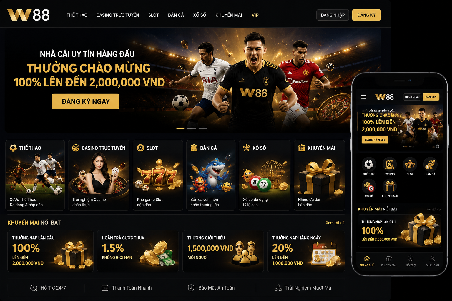 Giao diện trang chủ W88 trên điện thoại và máy tính